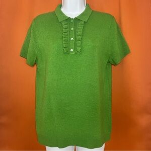 J. Crew Green Ruffled Button Down Short Sleeved Italian Cashmere Sweater